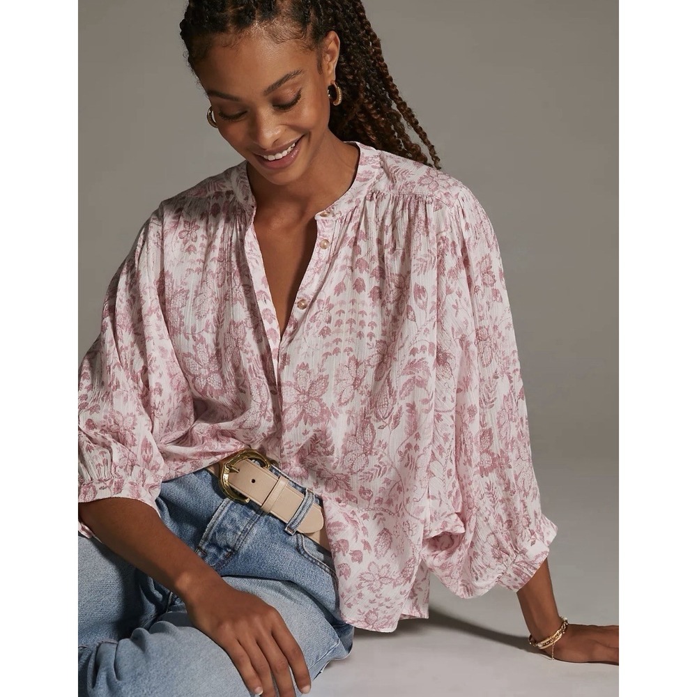 Anthropologie Pilcro Women's Pink Floral Batwing Blouse Top Pastel Cottage Small